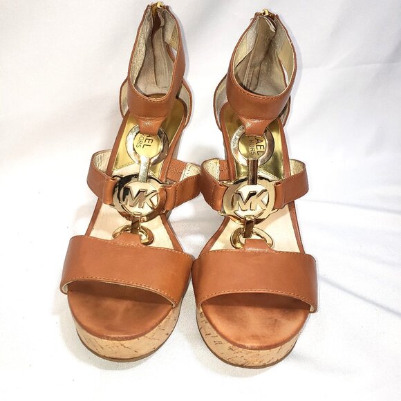 Michael Kors Hyden Tan Leather Cork Wedge Sandals - Picture 1 of 12